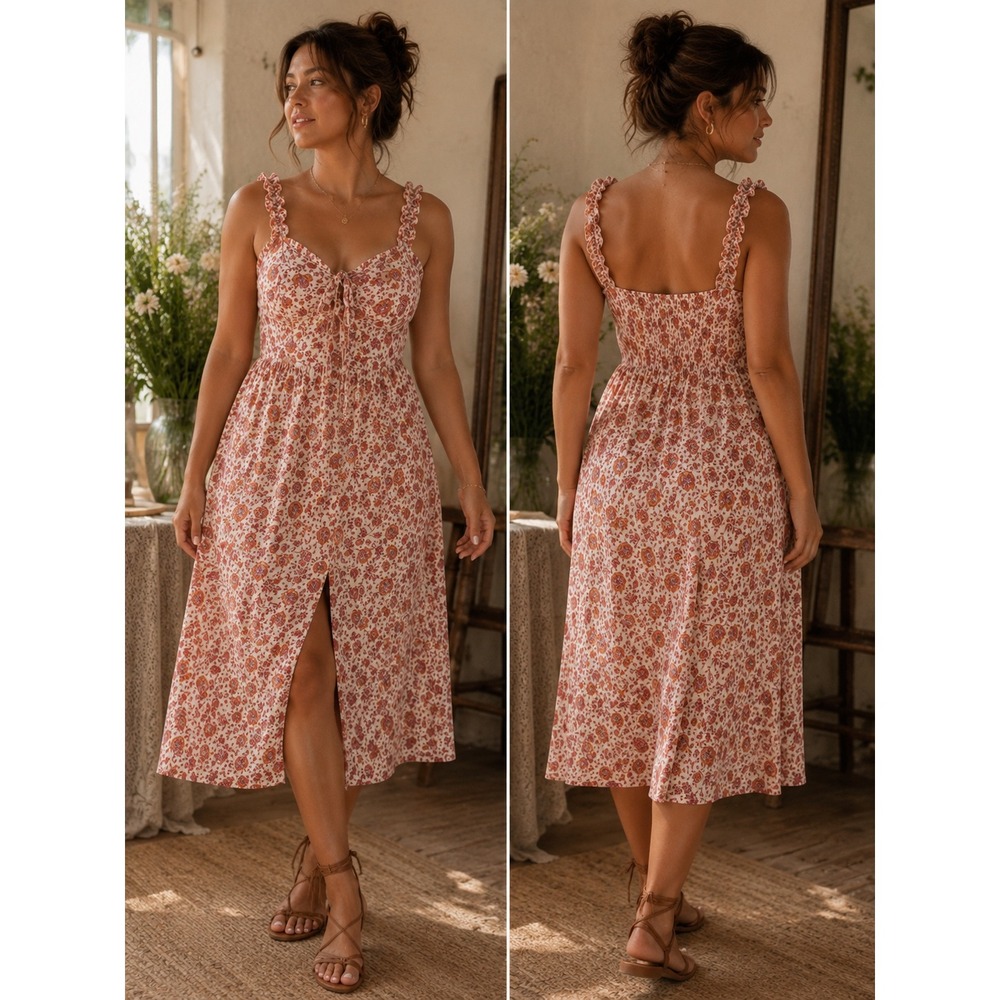 Japna Floral Midi Dress Womens XL Pink Orange Boho Smocked Ruffle Slit Summer